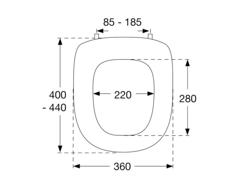 Technický nákres záchodovej dosky s rozmermi