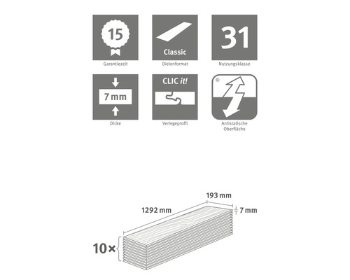 Informácie o lamináte: záruka 15 rokov, formát dosky Classic, trieda použitia 31, hrúbka 7 mm, montážny profil Clic it!, antistatický povrch, rozmery 1292 mm x 193 mm, 10 dosiek