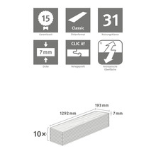 Vlastnosti produktu: záruka 15 rokov, formát dosky Classic, trieda použitia 31, hrúbka 7 mm, Click systém, antistatický povrch, 10 dosiek, dĺžka 1292 mm, šírka 193 mm