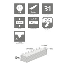 Vlastnosti produktu: záruka 15 rokov, formát dosiek Classic, trieda použitia 31, hrúbka 7 mm, montážny profil Clic it, antistatický povrch, 4-stranná Woodvision fáza, rozmery 1292 x 193 x 7 mm, 10 kusov