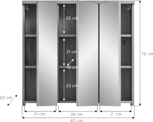 Rozmery zrkadlovej skrinky s policami a tromi dvierkami.