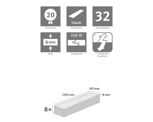Informácie o lamináte: záruka 20 rokov, formát dosiek Classic, trieda použitia 32, hrúbka 8 mm, montážny profil Clic it, antistatický povrch a rozmery.