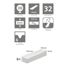 Informácie o záručnej dobe, formáte dosiek, triede použitia, hrúbke, pokládkovom profile, antistatickom povrchu a Woodvision Fase