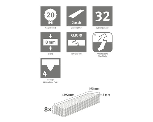 Informácie o záručnej dobe, formáte dosiek, triede použitia, hrúbke, pokládkovom profile, antistatickom povrchu a Woodvision Fase