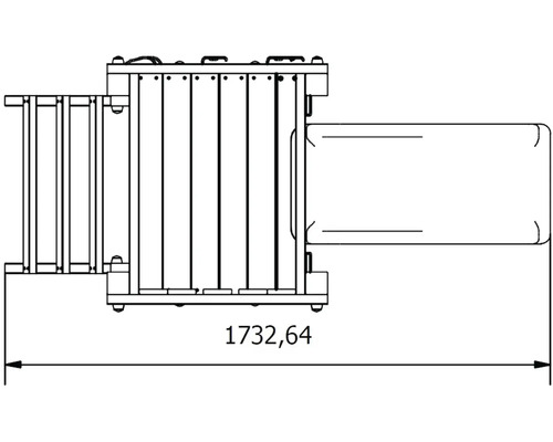 Technický nákres hracej veže s celkovou šírkou 1732,64 centimetrov.