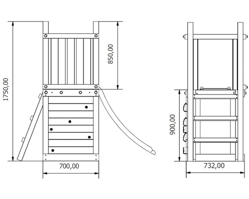 Technický nákres hracej veže so šmýkačkou a lezeckou stenou s rozmermi