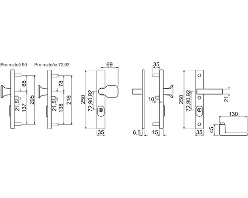 Technický nákres kovania dverí s rozmermi