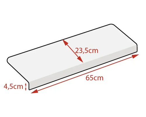 Parapet s rozmermi 65 cm dĺžka, 23,5 cm šírka a 4,5 cm výška