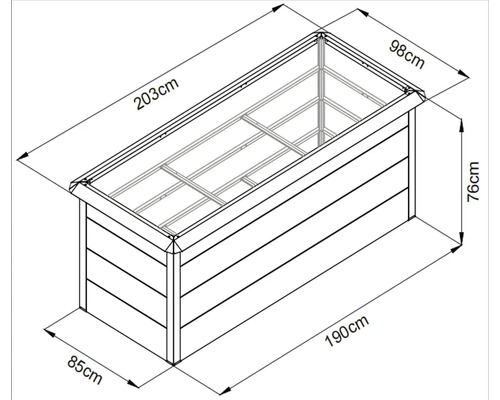 Technický nákres vyvýšeného záhona s rozmermi.