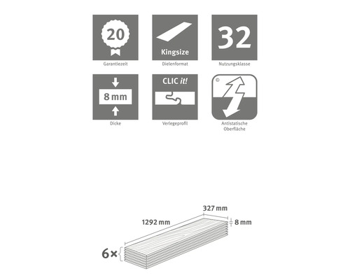 Informácie o záručnej dobe, formáte dosiek, triede použitia, hrúbke, pokládkovom profile a antistatickom povrchu. Šesť dosiek s rozmermi 1292 mm x 327 mm x 8 mm.