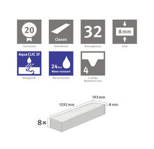 Informácie o lamináte: Záruka 20 rokov, formát dosky Classic, trieda použitia 32, hrúbka 8 mm, inštalačný profil Aqua Clic it, vodeodolný 24 hodín, 4-stranná fáza Woodvision, osem dosiek 1292 mm x 193 mm x 8 mm