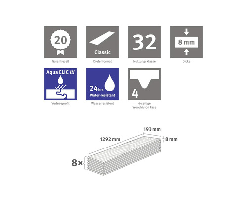 Informácie o lamináte: Záruka 20 rokov, formát dosky Classic, trieda použitia 32, hrúbka 8 mm, inštalačný profil Aqua Clic it, vodeodolný 24 hodín, 4-stranná fáza Woodvision, osem dosiek 1292 mm x 193 mm x 8 mm