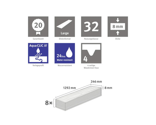 Informácie o lamináte: záruka 20 rokov, formát veľkej lamely, trieda použitia 32, hrúbka 8 milimetrov, montážny profil Aqua Clic it, vodeodolnosť 24 hodín, štvorstranná Woodvision fáza, rozmery lamiel.
