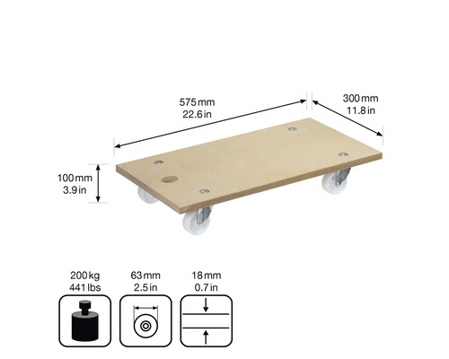 Prepravné koliesko na nábytok s rozmermi 575 mm x 300 mm a nosnosťou 200 kg.