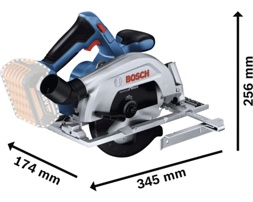 Akumulátorová ručná okružná píla Bosch s rozmermi 174 mm, 345 mm a 256 mm