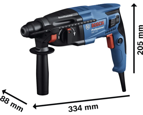 Vŕtacie kladivo Bosch GBH 220 Professional s rozmermi 334 x 88 x 205 milimetrov.