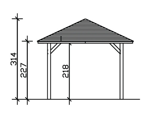 Technický nákres altánku s výškovými údajmi v centimetroch