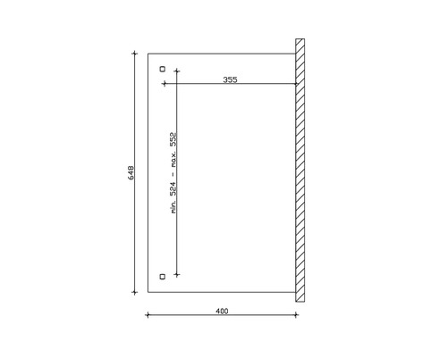 Technický výkres s rozmermi výrobku: výška 648, šírka 400, hĺbka 355, variabilná výška od 524 do 552.