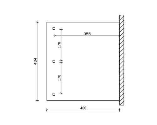 Technický nákres s rozmermi: výška 434 mm, šírka 400 mm, hĺbka 355 mm, rozstup montážnych otvorov 170 mm.