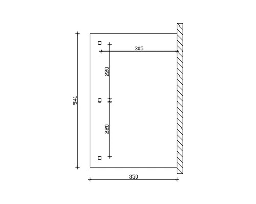 Technický nákres kusu nábytku s rozmermi v milimetroch