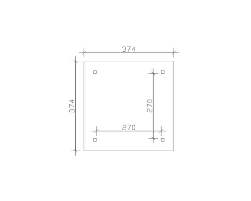 Štvorcová doska s rozmermi 374 x 374 mm a vŕtania vo vzdialenosti 270 mm.