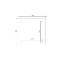 Technický nákres štvorcovej dosky s rozmermi 439 x 439 mm a štyrmi otvormi pre skrutky vo vzdialenosti 335 mm.