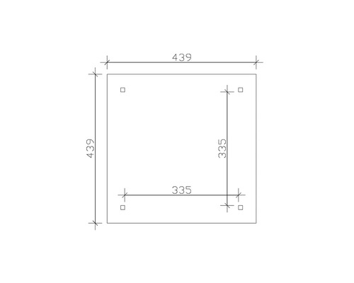 Technický nákres štvorcovej dosky s rozmermi 439 x 439 mm a štyrmi otvormi pre skrutky vo vzdialenosti 335 mm.