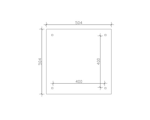 Technický nákres dosky s rozmermi 504 x 504 milimetrov s otvormi na vŕtanie