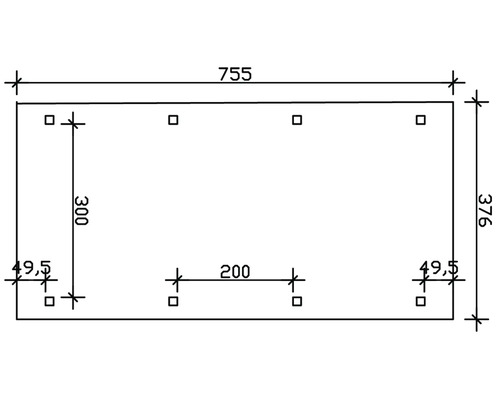 Technický výkres s rozmermi obdĺžnikového objektu s otvormi na vŕtanie.
