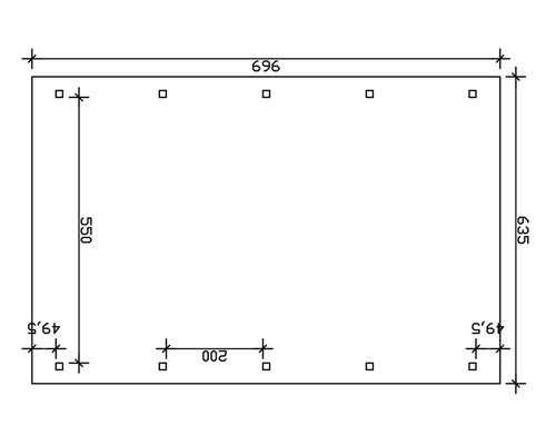 Technický nákres s rozmermi: 696, 635, 550, 200 a 49,5.
