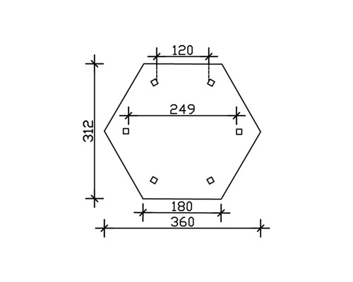Technický nákres šesťhrannej základovej dosky s rozmermi