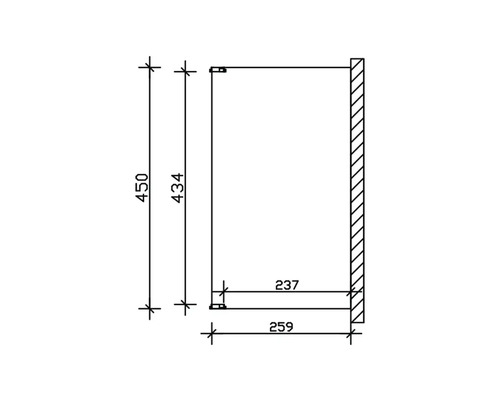 Technický nákres police s rozmermi 450 a 434 na výšku a 237 a 259 do hĺbky.