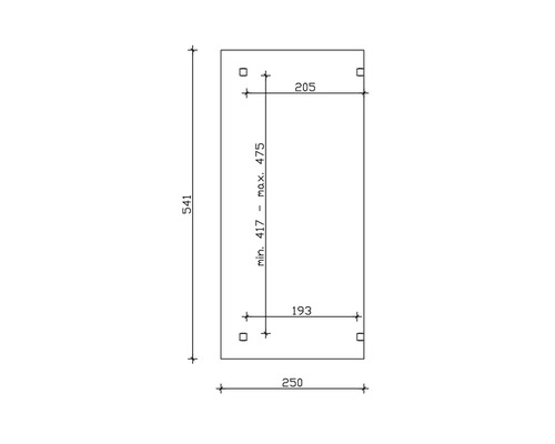 Technický nákres s rozmermi: výška 541 milimetrov, šírka 250 milimetrov, vzdialenosť minimálne 417 až maximálne 475 milimetrov