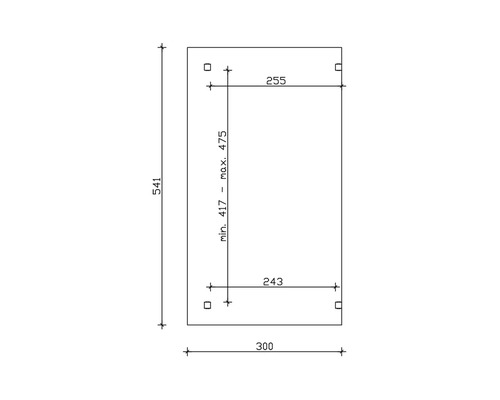 Technický výkres s rozmermi: dĺžka 541, šírka 300, minimálna výška 417, maximálna výška 475, horná šírka 255, dolná šírka 243.