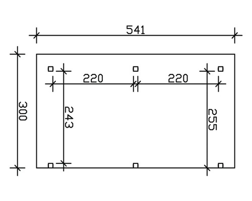 Technický nákres s rozmermi pre obdĺžnikový prvok: dĺžka 541, výška 300, rozstupy otvorov 220, rozstupy radov otvorov 243 a 255.