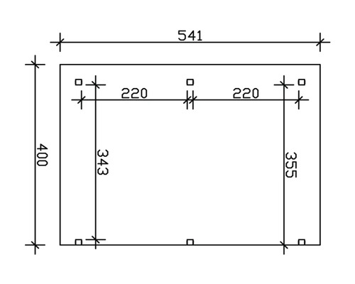 Technický výkres s rozmermi pre obdĺžnikový objekt: vonkajšie rozmery 541 x 400 mm, vnútorné zvislé vzdialenosti 343 a 355 mm, vodorovne 220 mm.