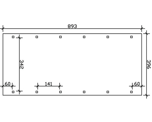 Technický výkres s rozmermi pre obdĺžnikový výrobok s rozmermi 893 x 396 mm a niekoľkými montážnymi bodmi.