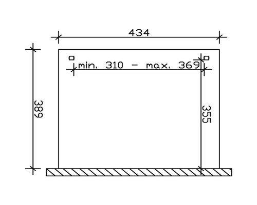 Technický výkres s rozmermi: 434, 389, 355, minimálne 310, maximálne 369