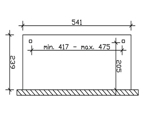 Technický nákres s rozmermi: celková dĺžka 541 mm, výška 239 mm, hĺbka 205 mm, vnútorná vzdialenosť minimálne 417 mm, maximálne 475 mm.