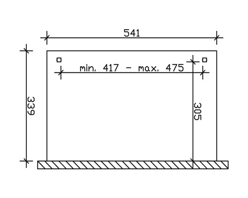 Technický nákres s rozmermi: celková šírka 541 mm, výška 339 mm, hrúbka 305 mm a variabilná vzdialenosť medzi 417 mm a 475 mm.