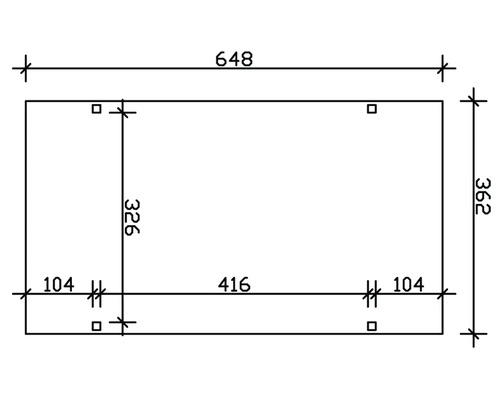 Technický nákres s rozmermi: dĺžka 648, šírka 362, ďalšie rozmery 104, 416 a 326.