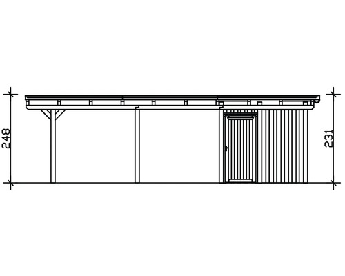 Nákres záhradného domčeka s prístreškom pre auto a rozmermi