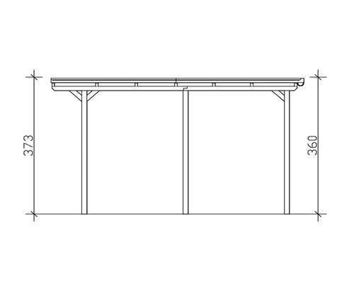 Technický nákres prístrešku pre auto s rozmermi 373 x 360 centimetrov.