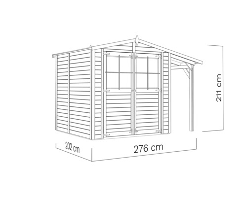 Ilustrácia záhradného domčeka s markízou a rozmermi