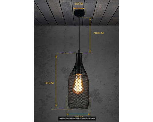 Závesné svetlo s tienidlom v tvare fľaše, vrátane rozmerov