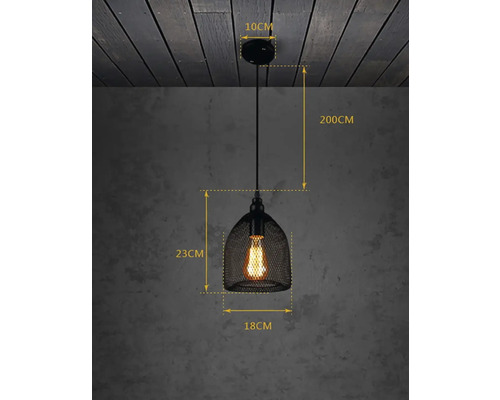 Závesná lampa s čiernym drôteným pletivom a rozmermi