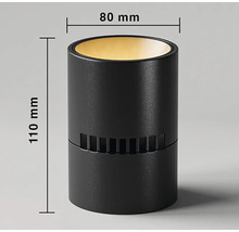 Obrázok čierneho interiérového svietidla s rozmermi 110 mm výška a 80 mm priemer