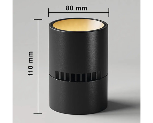 Obrázok čierneho interiérového svietidla s rozmermi 110 mm výška a 80 mm priemer