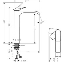 Technický nákres vodovodnej batérie s rozmermi