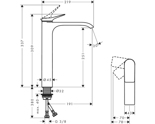 Technický nákres vodovodnej batérie s rozmermi
